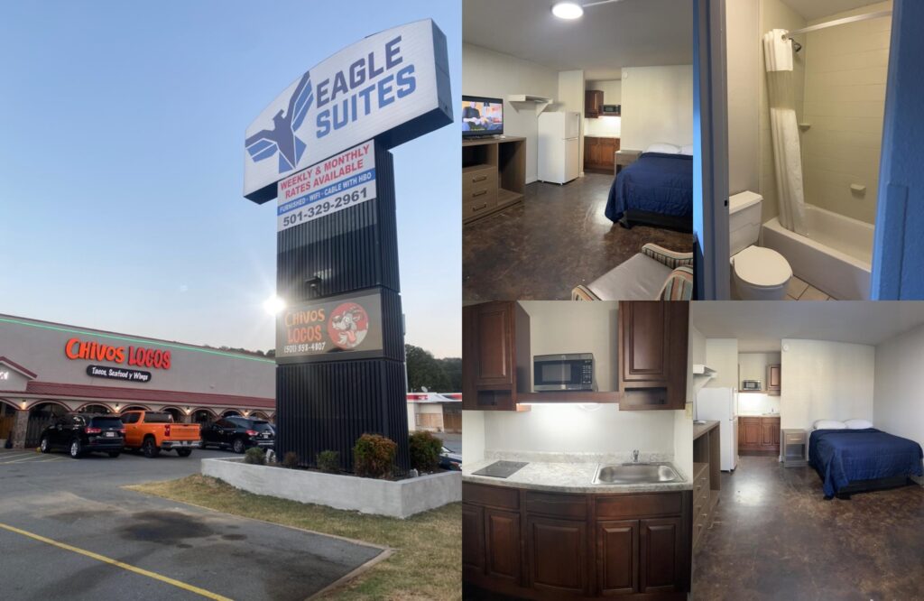 A collage of pictures of Eagle Suites in Conway, Arkansas. The blue Eagle Suites sign is in front of Chivos Locos Mexican restaurant. The inside of the rooms have brown floors, blue beds, and a gray marble kitchen area.