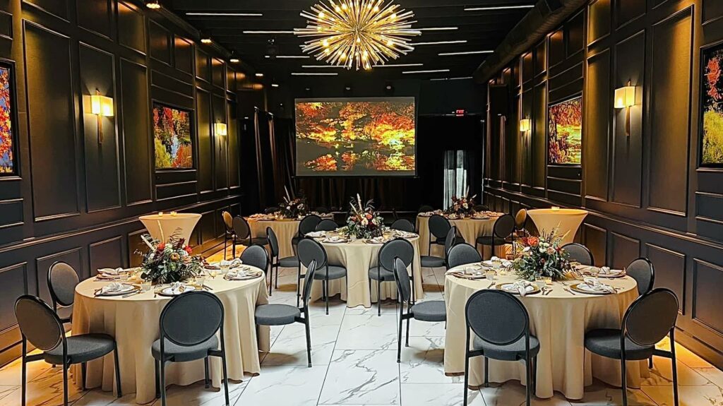 A small event room at the Max Event Venue in Conway, Arkansas with dark wood paneling and white marble floors. There is red and gold art on the walls and each circle table is set with a colorful bouquet.